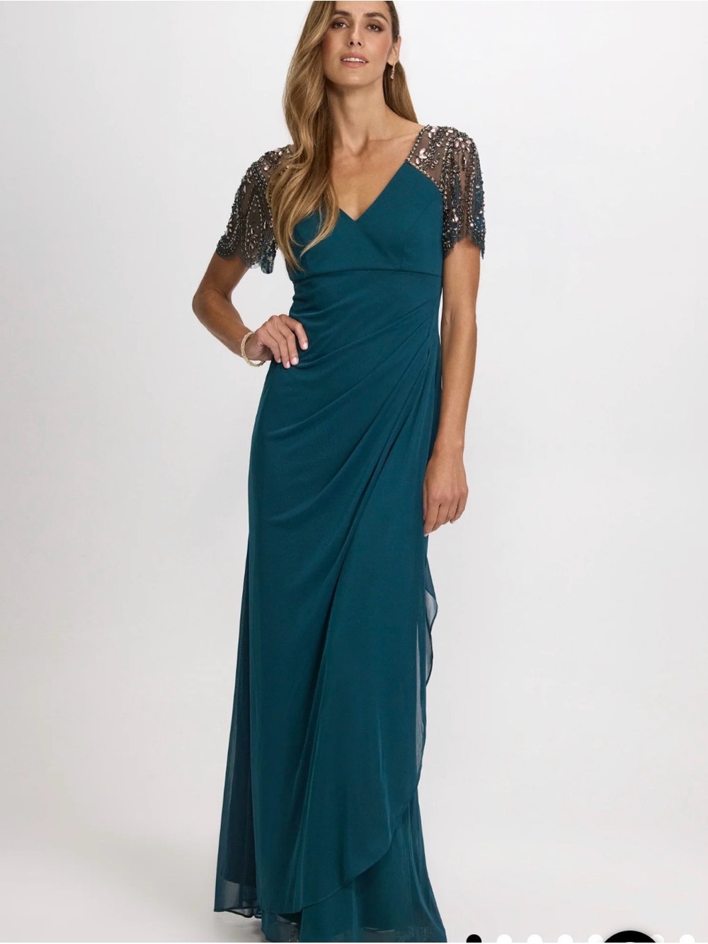 Teal V-Neck Evening Gown with Beaded Sleeves